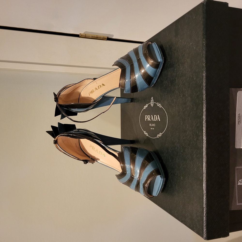 Prada Women's Black and Blue Striped Heels